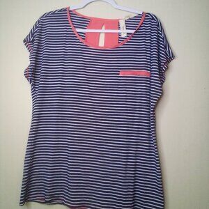 Robin K Shirt Blouse L Women Short Sleeve Back Cut-Out Stripe Blue White Peach